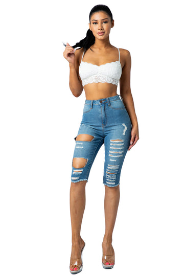 4255B Super High Waisted Distressed Bermuda Shorts