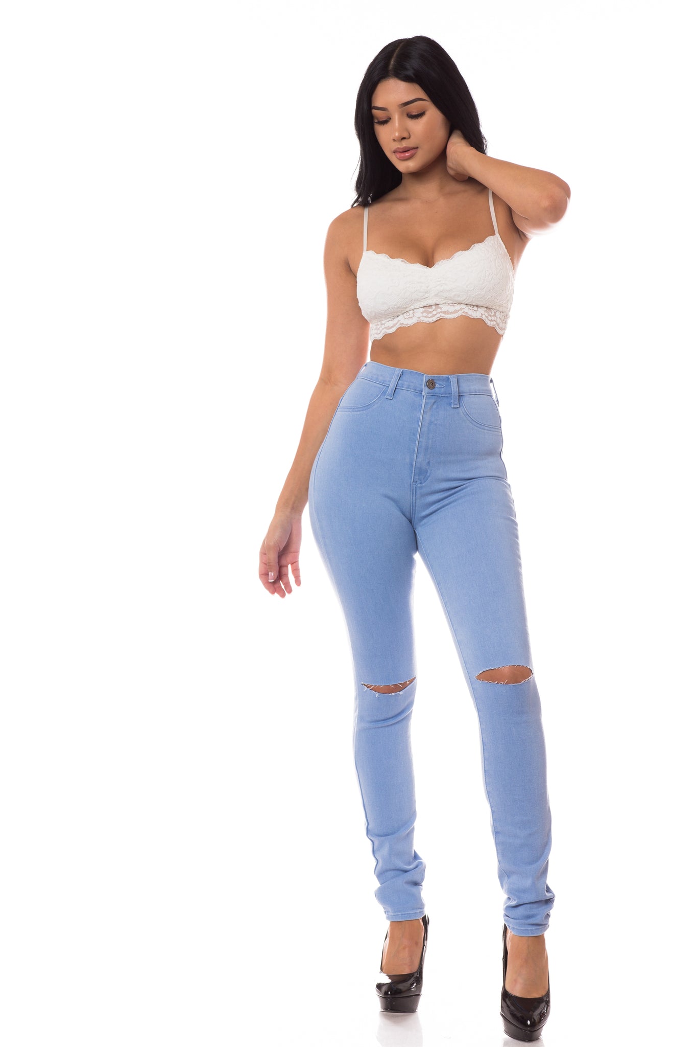 women full length skinny super high rise high waisted distressed jeans pants