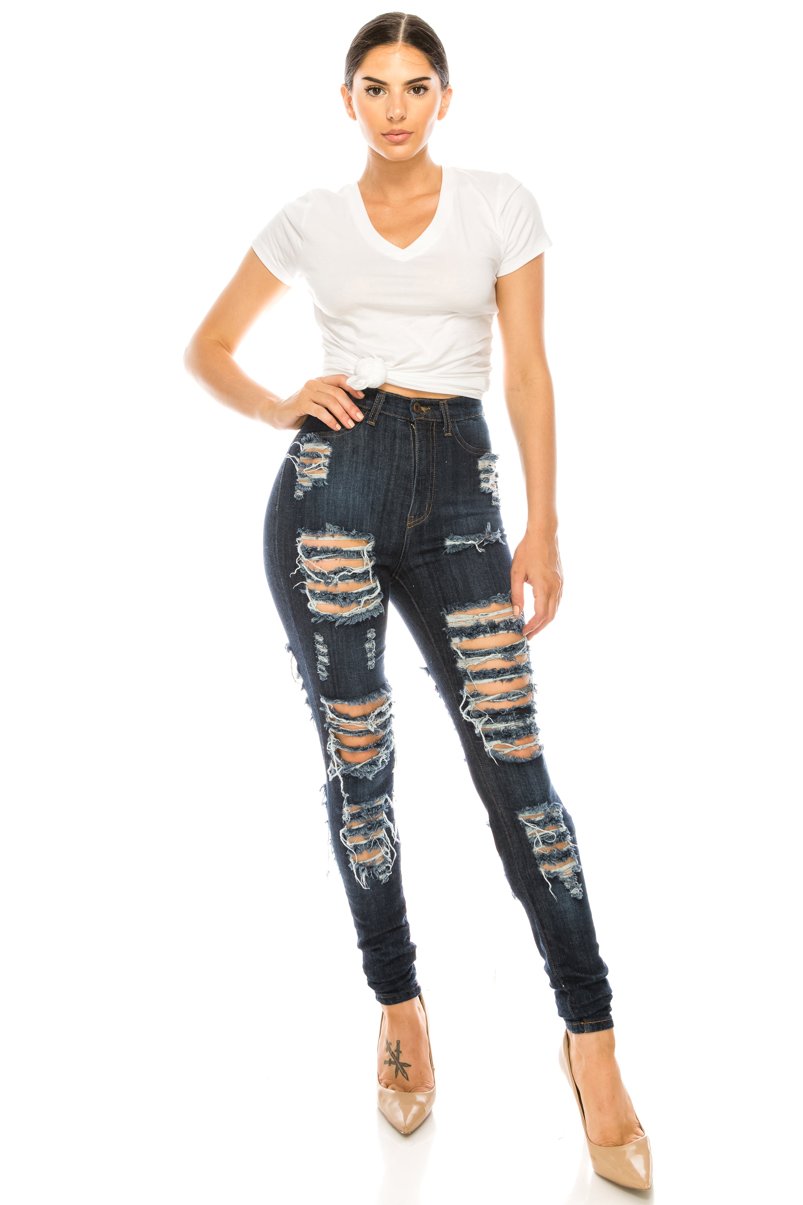 4396 Women's High Rise Large Spot Destruction Skinny Jeans