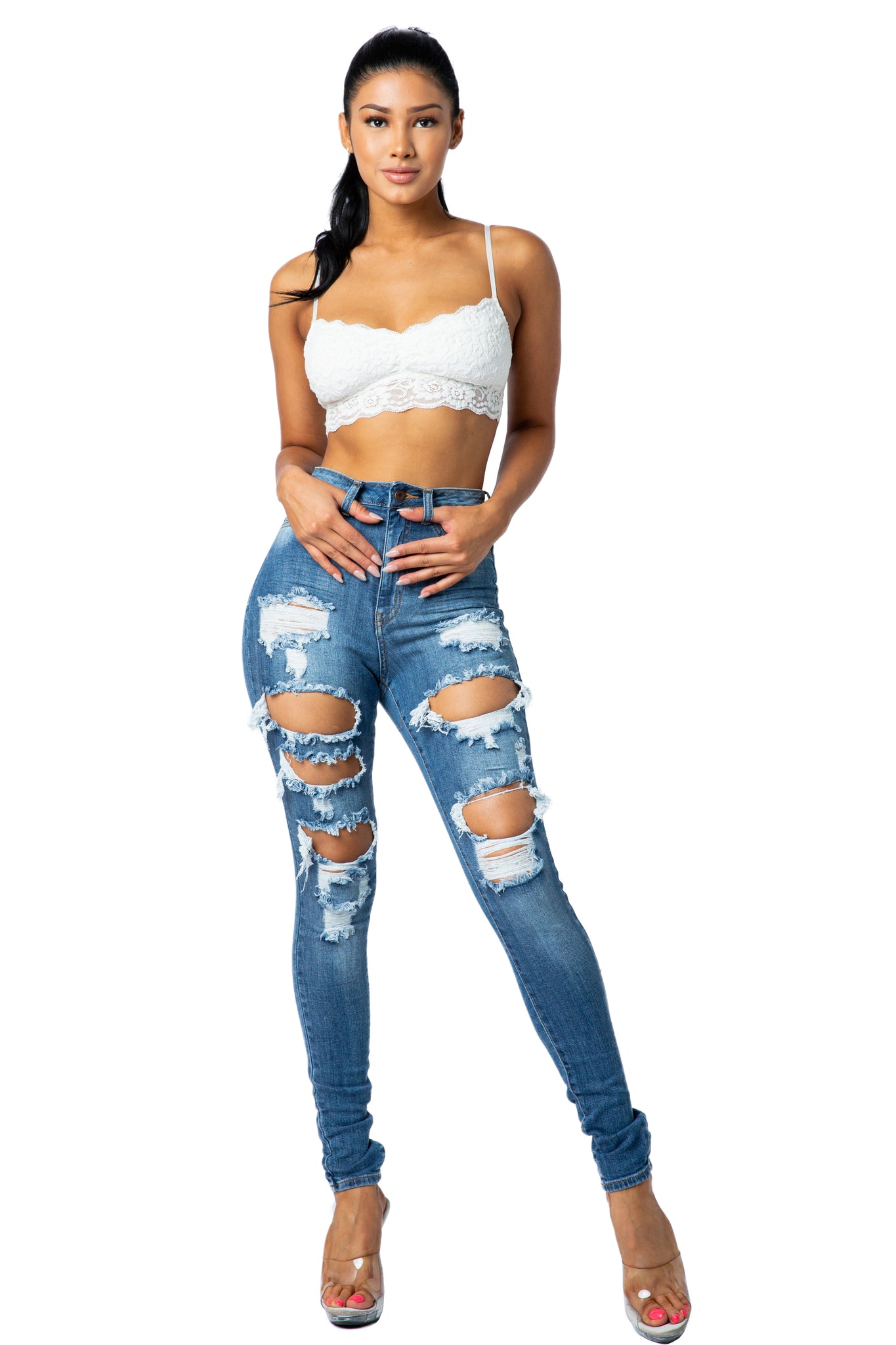 Aphrodite High Waisted Jeans for Women - Distressed Destroyed Ripped Cut  Out Skinny High Waist Stretch Casual Denim Pants : : Clothing,  Shoes