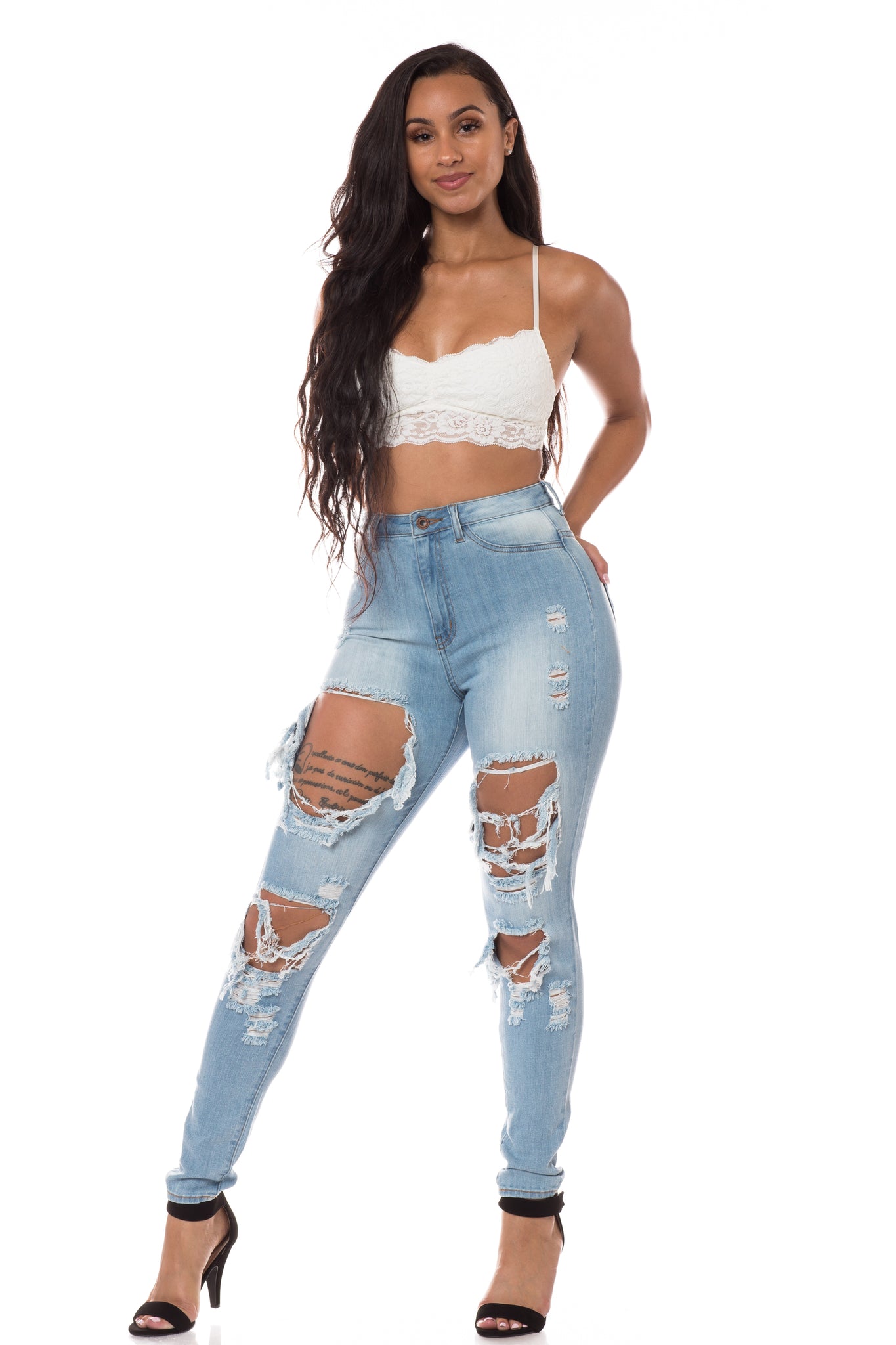 Bree - Blue High Waisted Ripped Skinny Jeans, Jeans