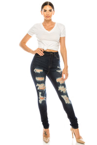 women full length skinny super high rise high waisted distressed jeans pants