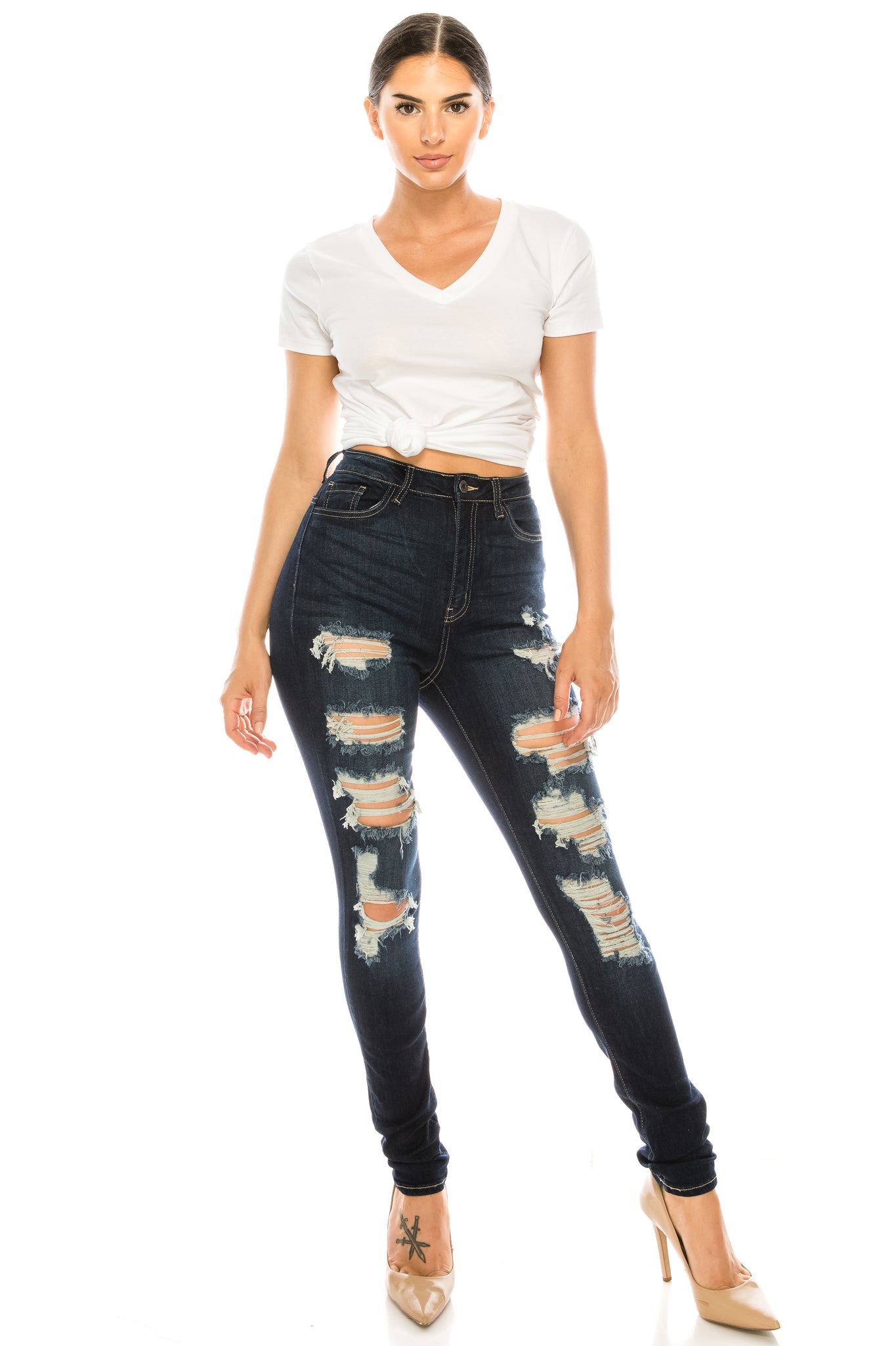 women full length skinny super high rise high waisted distressed jeans pants