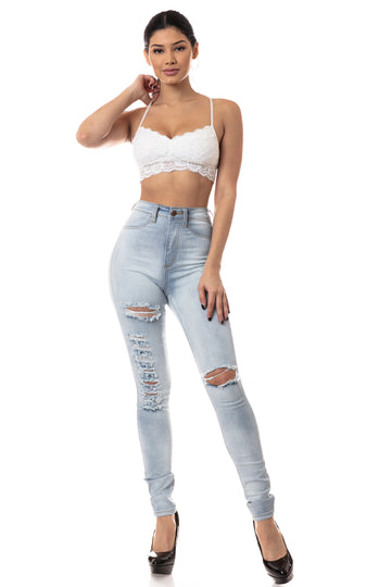 4544 Women's High Waisted Washed Down Distressed Skinny Jeans