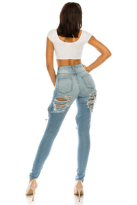 Super High Waisted Distressed Skinny Jeans with Cut Outs