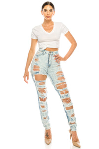 women full length skinny super high rise high waisted distressed jeans pants