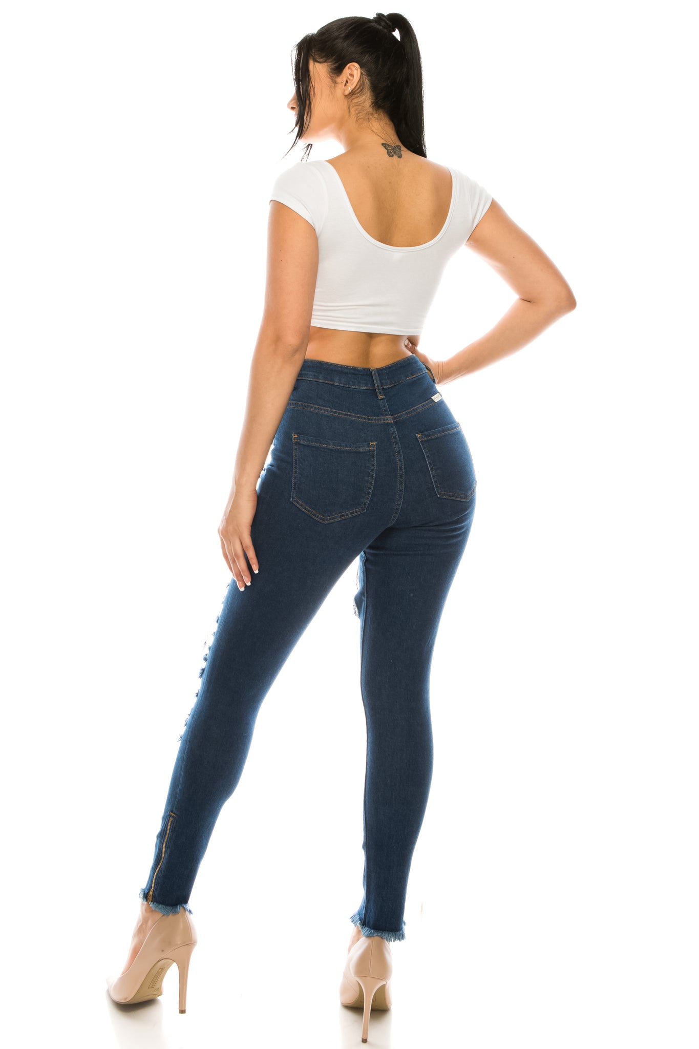 Super High Waisted Distressed Lattice Open Waist Skinny Jeans with