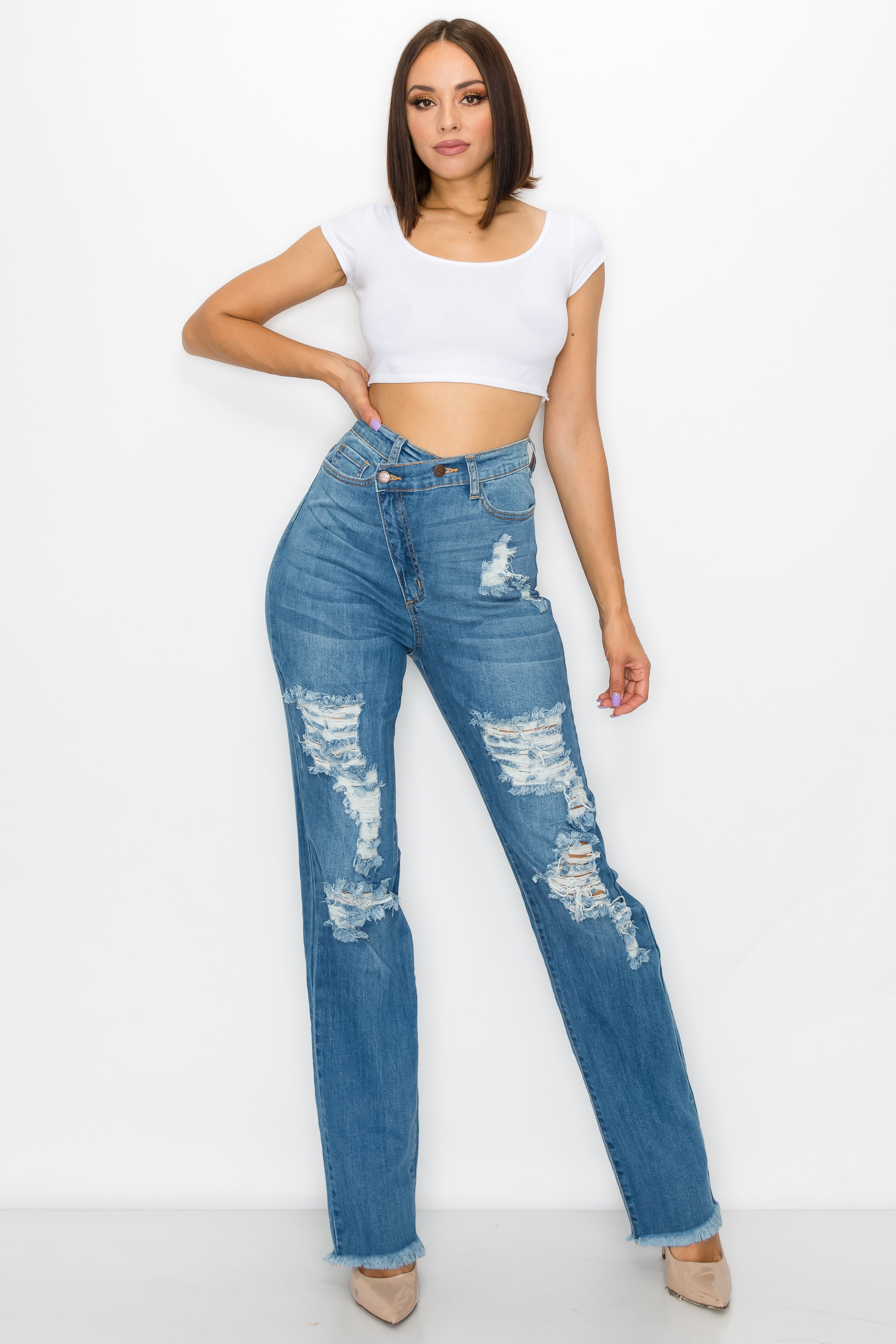 4898 Women's Crossover High Waisted Destressed Loose fit Jeans