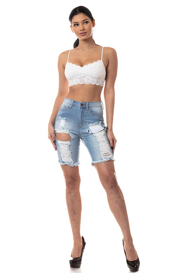 6800F Women's Super High Waisted Distressed Shorts with Cut Outs