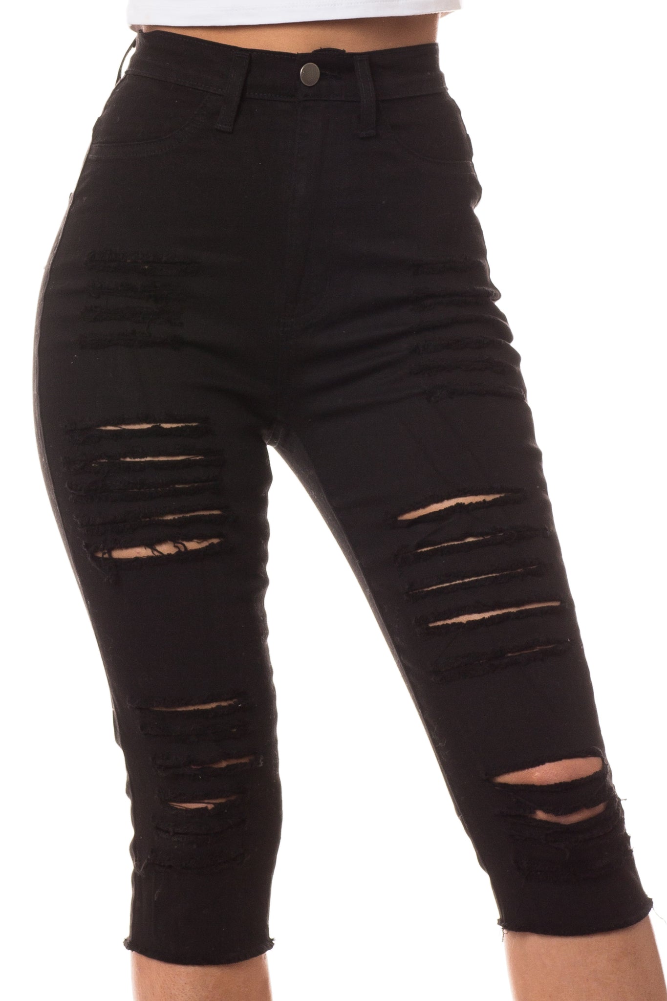 Super High Waisted Distressed Cropped Capri Jeans –, 49% OFF