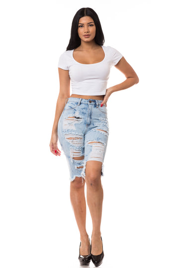 7009 Super High Waisted Dyed Distressed Bermuda Shorts