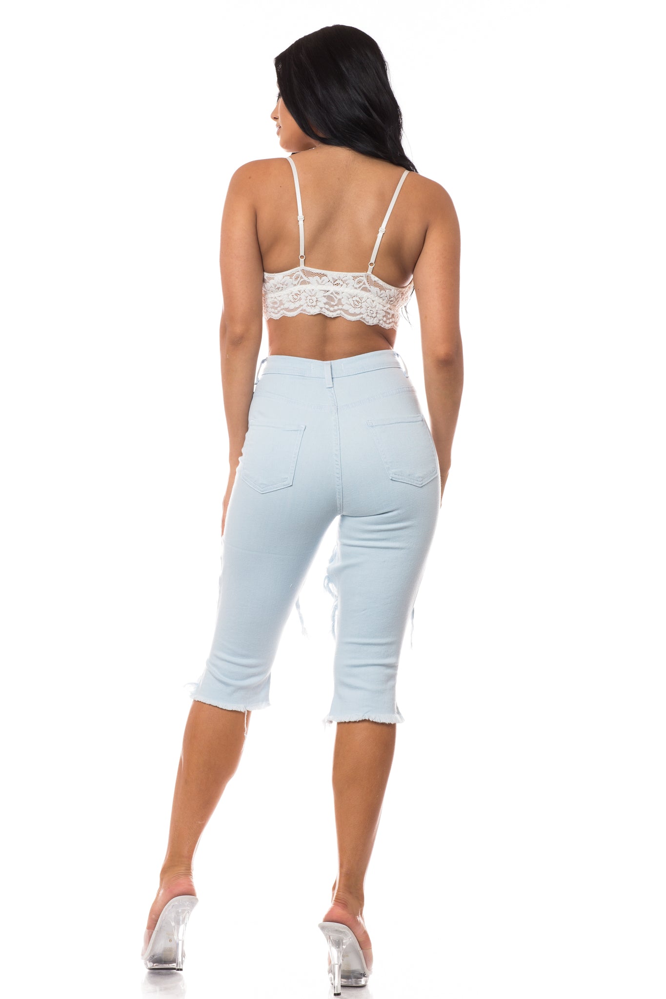 Capri jeans with floral print and high waist - White - Sz. 42-60 -  Zizzifashion
