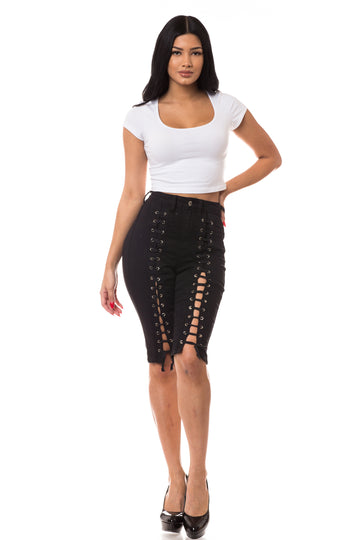 7014 Women's High Waisted Lace Up Bermuda Shorts