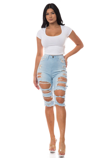 7034F Super High Waisted Distressed Bermuda Shorts with Cut Outs