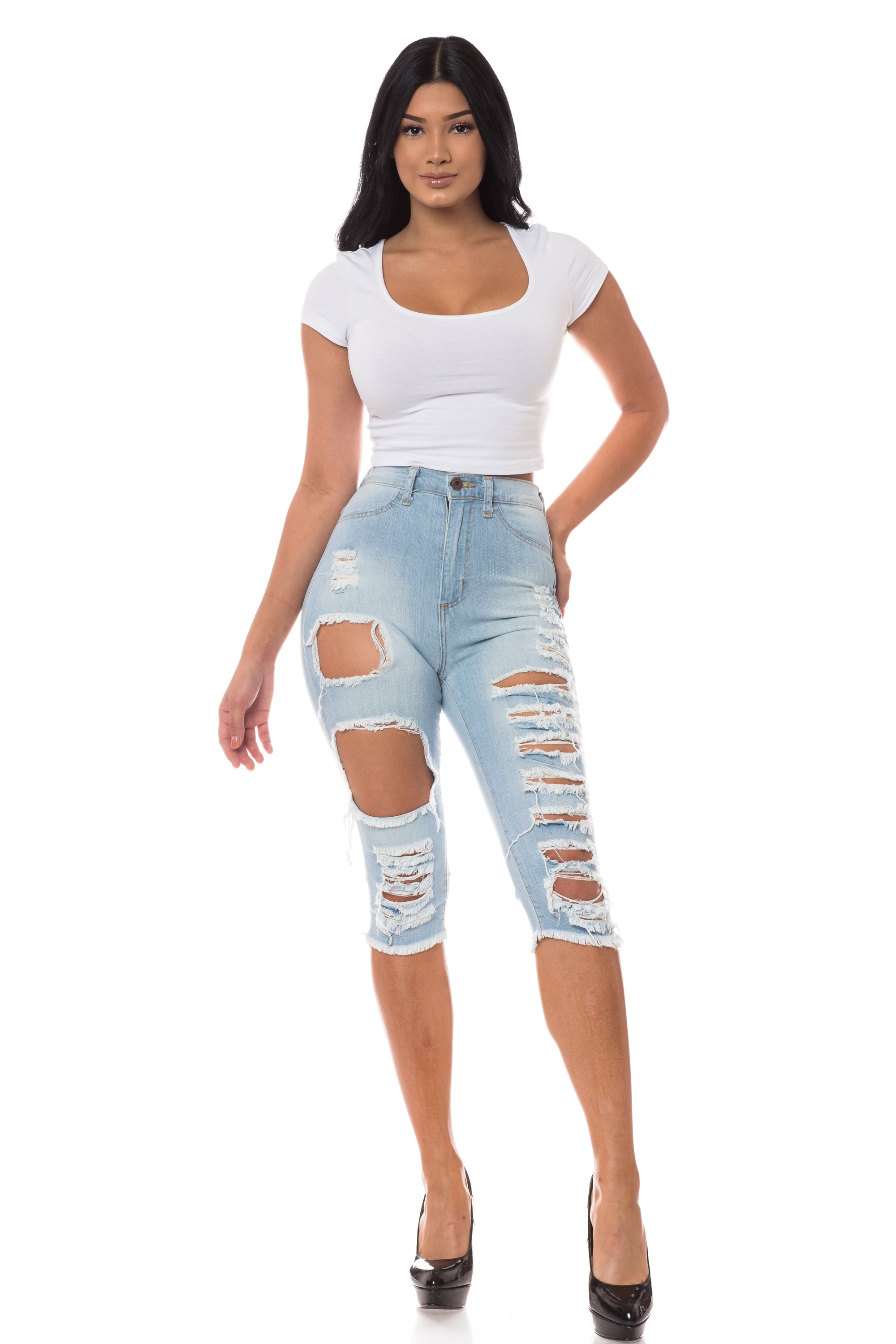 Metietila Women's Ripped Mid Waisted Capri Jeans Distressed Stretchy Jean  Capris Denim Pants S : : Clothing, Shoes & Accessories