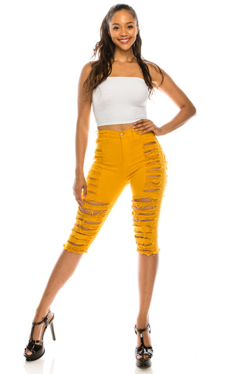 7038 Women's Super High Waisted Distressed Bermuda Shorts