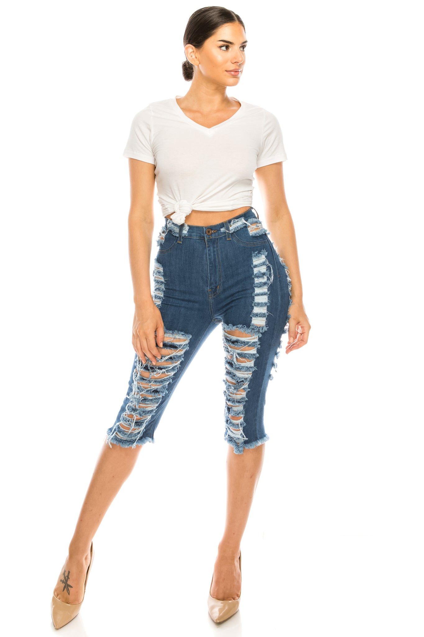 women length skinny super high rise high waisted distressed cropped capri jeans