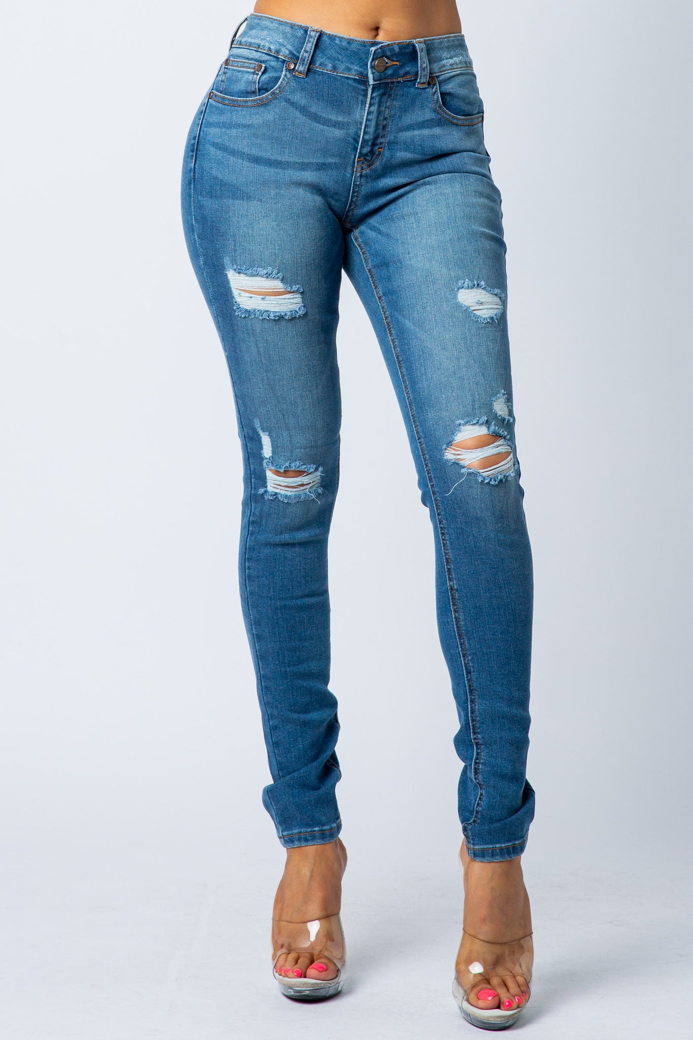 1052 Women's Mid Waisted Distressed Skinny Jeans