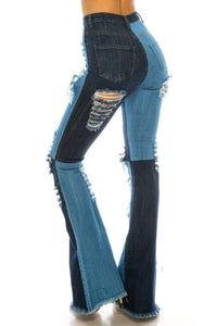 2132 Women's High Waisted Distressed Flare Jeans with Alternating Shade