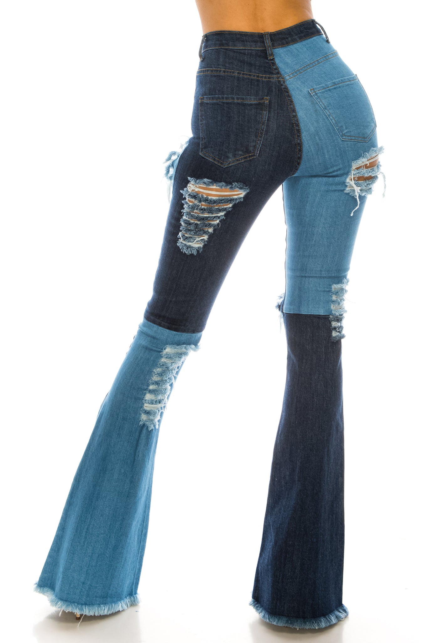 2132 Women's High Waisted Distressed Flare Jeans with Alternating Shade