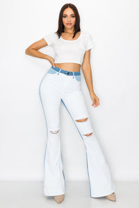 2140 Women's High Waisted Flare bell bottom bootcut Jeans w/ Slice cut