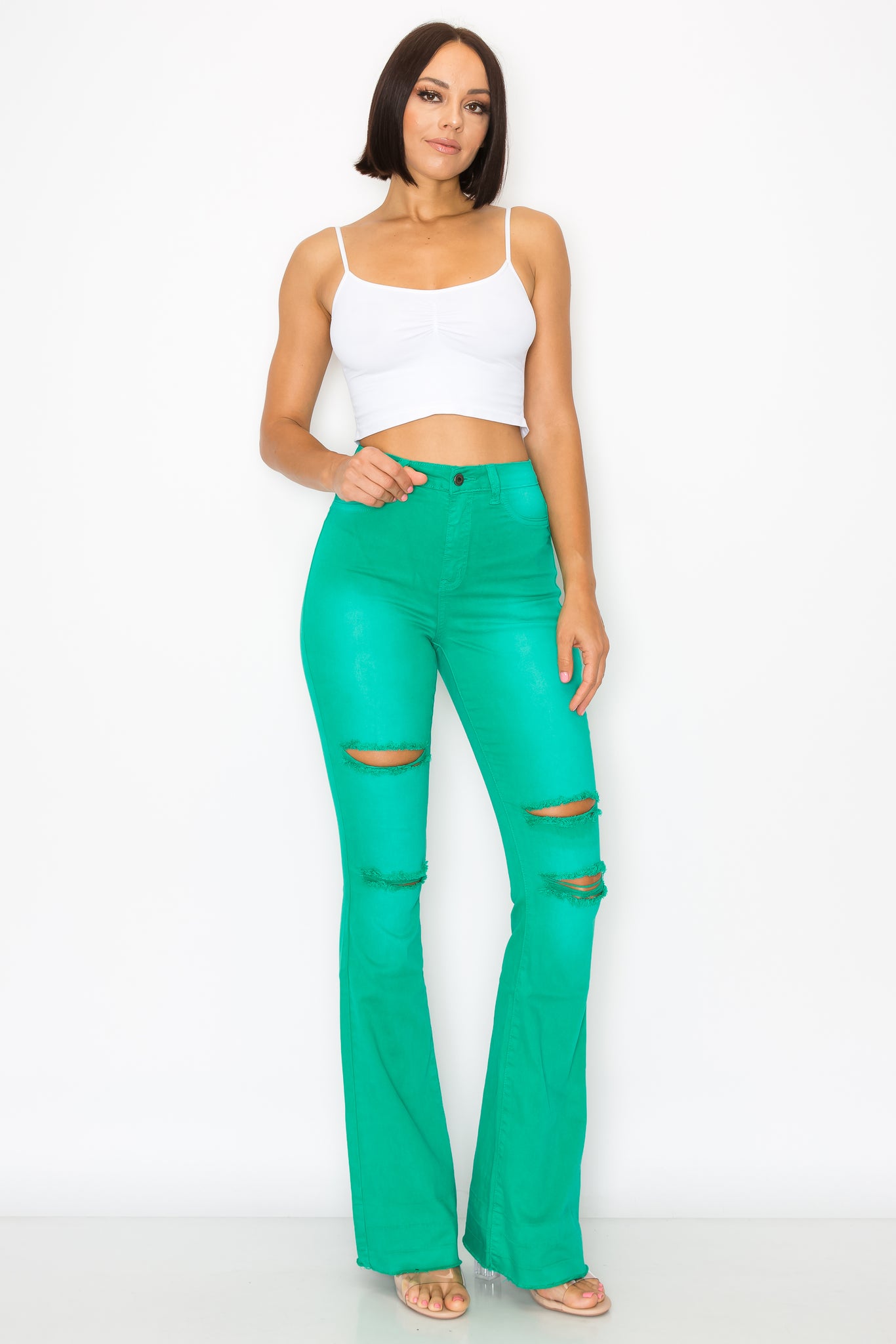 2143 Woman High Rise Light Flare Jeans W/Knee & Tight Slices