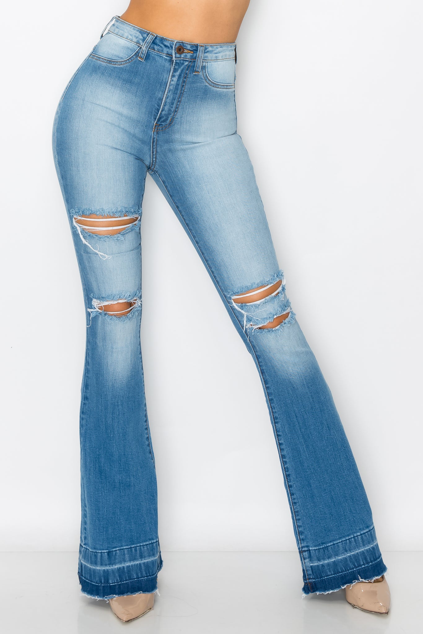 2143 Woman High Rise Light Flare Jeans W/Knee & Tight Slices – Aphrodite  Jeans
