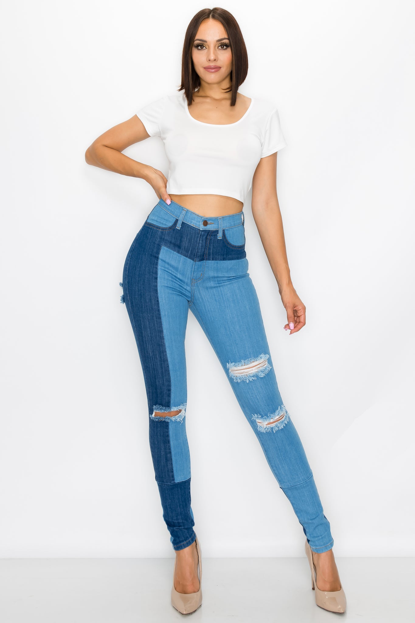 40190 Women's High Waisted Skinny Jeans with Slice Destruction