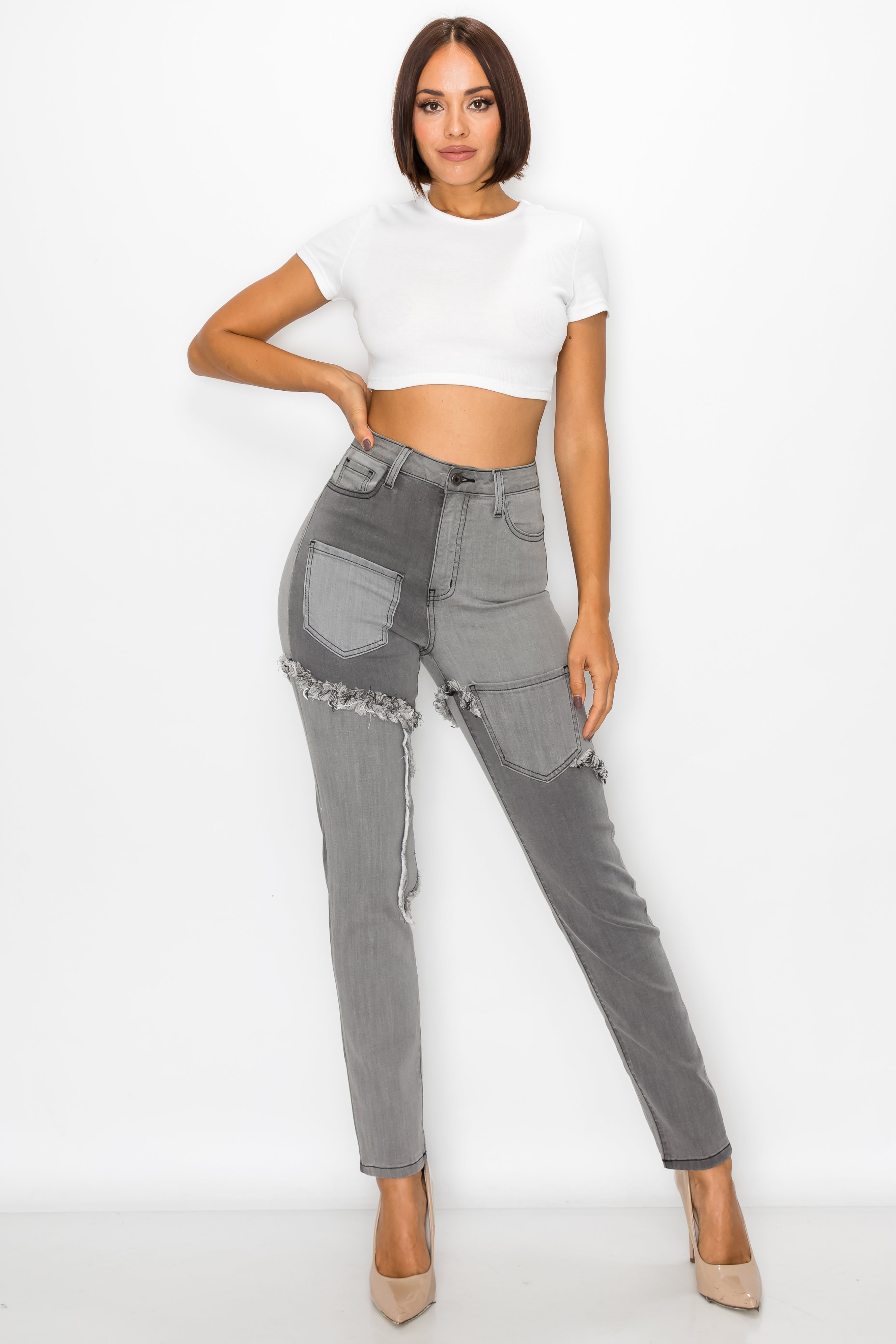 40224 Wome's High Waisted Two Tone Frayed Seam Skinny Jeans