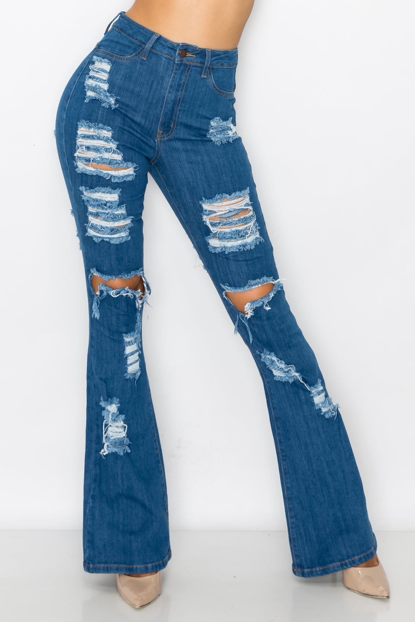 40227 Women's High Rise Ripped Flare Jean Denim Pants – Aphrodite Jeans