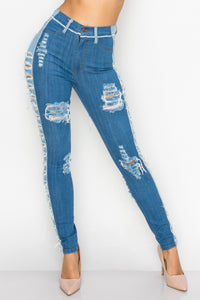 40237 Women's High Waisted Distressed Skinny Jeans with Sliced Outseam Panel