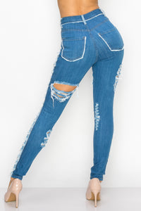 40237 Women's High Waisted Distressed Skinny Jeans with Sliced Outseam Panel