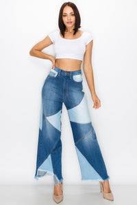 40268 Women's High Waisted Wide Jeans with Multi Shade Panel