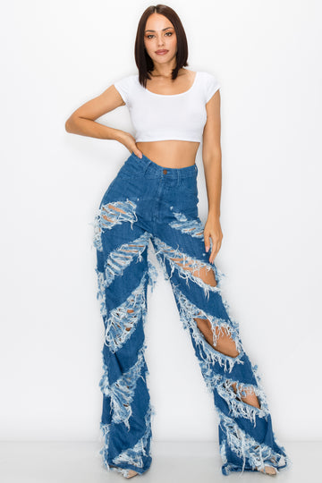 40272 Women's High Waisted Flare Jeans with Frayed Diagonal Leg Openings