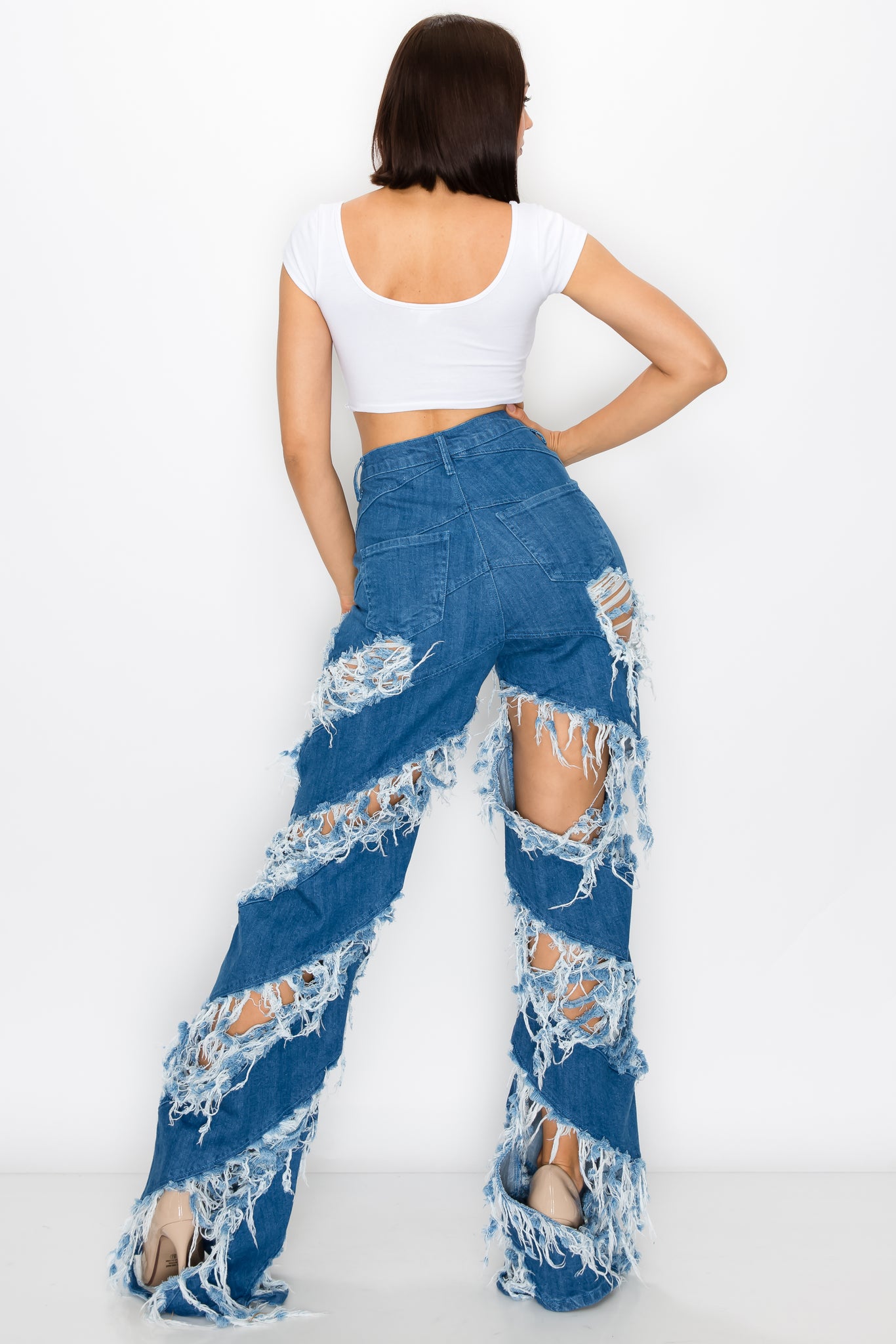 Super High Waisted Distressed Frayed Flare Jeans with Cut Outs