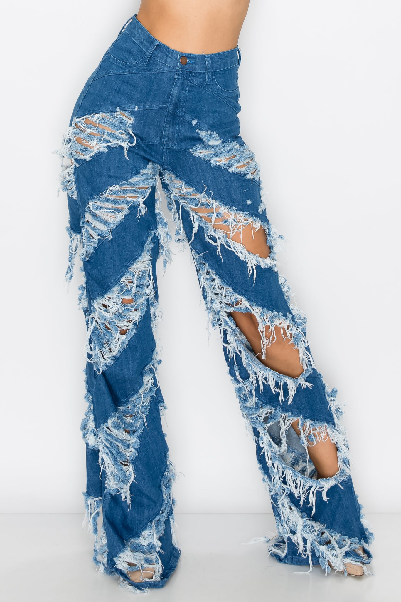 40272 Women's High Waisted Flare Jeans with Frayed Diagonal Leg Openings
