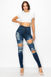 40292 Women's High Waisted Distressed Skinny Jeans with Whiskers