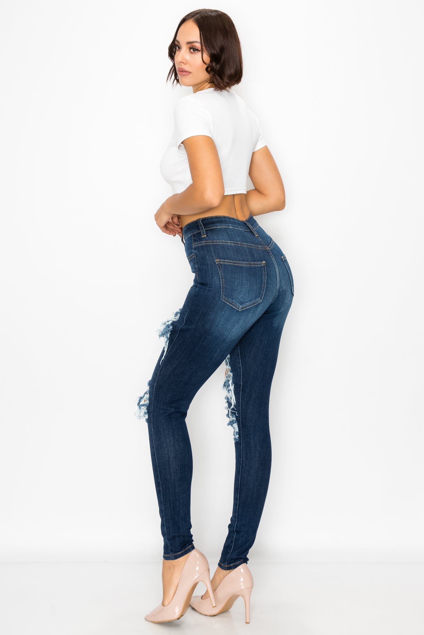 40292 Women's High Waisted Distressed Skinny Jeans with Whiskers