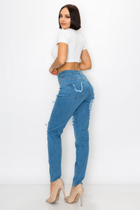 4396 Women's High Rise Straight Leg Jeans W/ Front Panel Destruction & Rear Pocket Destruction