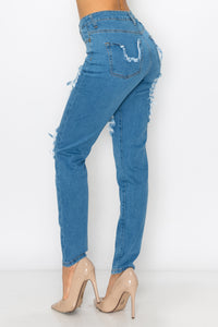 4396 Women's High Rise Straight Leg Jeans W/ Front Panel Destruction & Rear Pocket Destruction