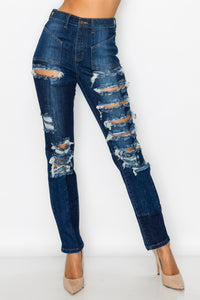 40405 Women's High Waisted Multi Panel Distressed Straight Jeans
