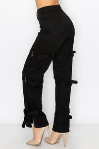 40417 Women's High rise Black Straight Jeans with Leg straps-BLACK