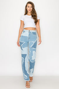 40455 Women's Patchwork High Waisted Straight Leg Denim Multi-tone Jeans