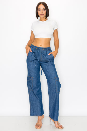 40481 Women's Denim Wide Leg Cargo Pants with Waistband