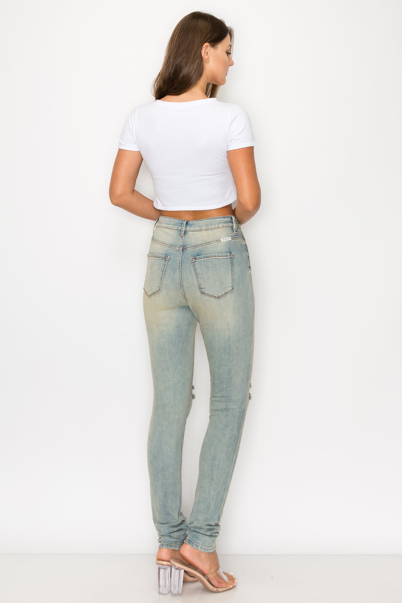 40515 Women's High Waisted Slit Knee Light Blue Skinny Jeans