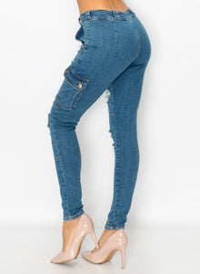 4548 Women's Skinny Cargo Jeans with Front Panel Destruction