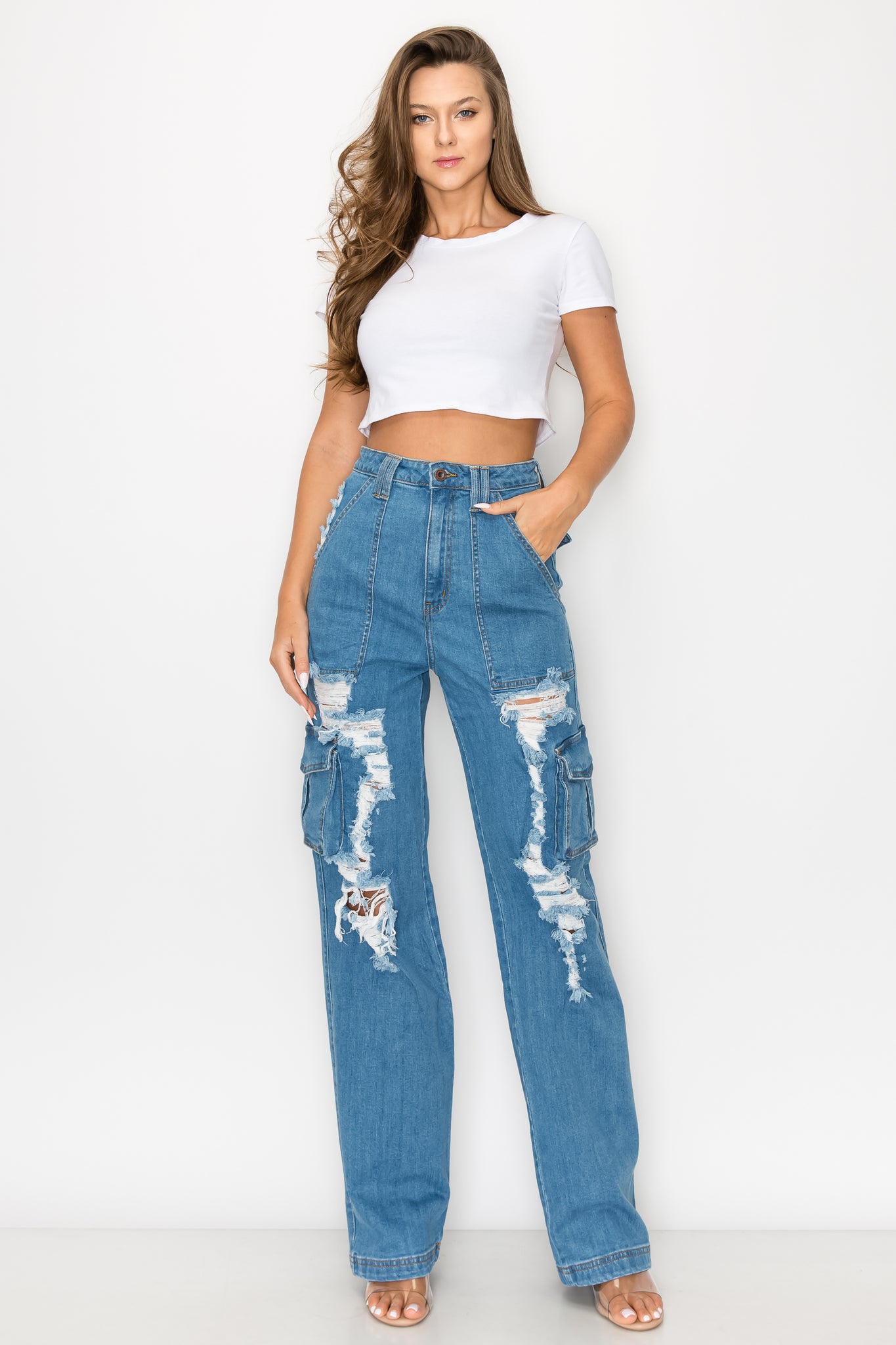 4890 Women's Cargo Pants High Waisted Ripped Straight Jeans