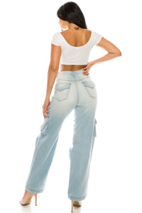4893 Women's High Rise Straight Ripped Cargo Jeans Pants