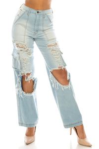 4893 Women's High Rise Straight Ripped Cargo Jeans Pants