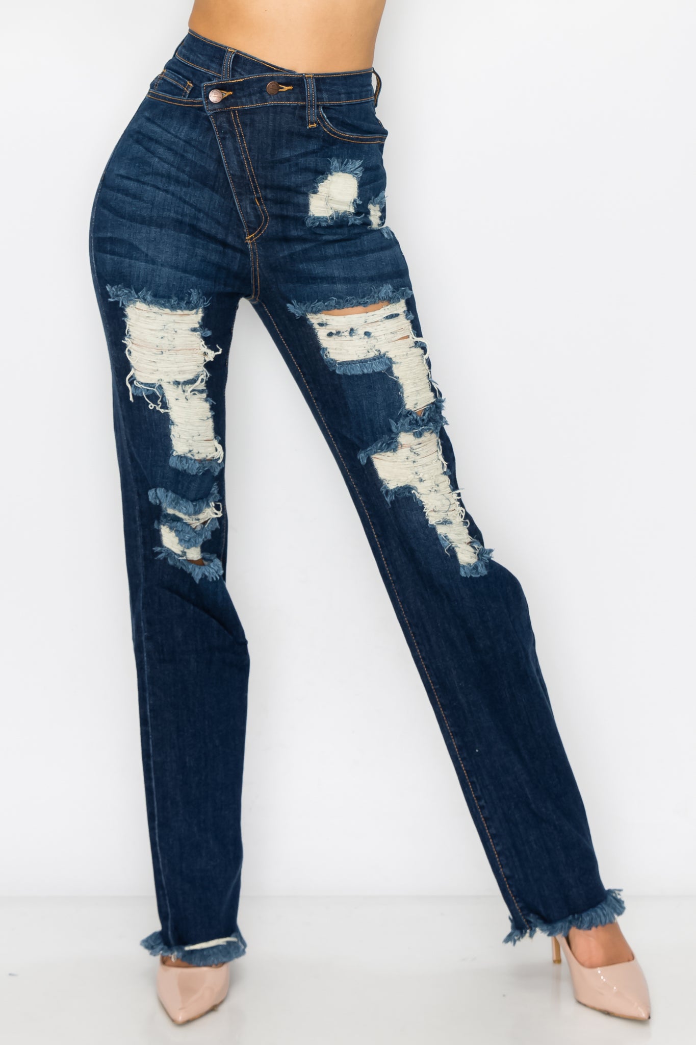 4898 Women's Crossover High Waisted Distressed Loose fit Jeans